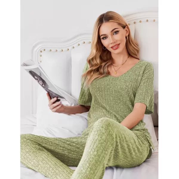 imageEkouaer Womens Ribbed Knit Lounge Set Short Sleeve Top and Long Pants Sleepwear Pajama Set Two Piece Matching Outfits SetMoss Green