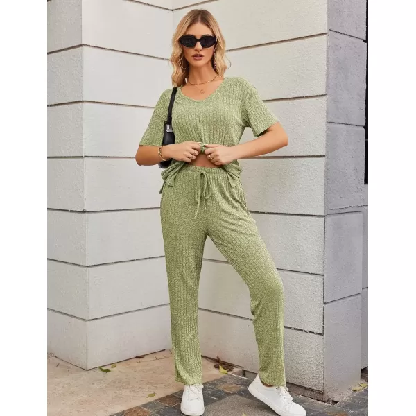 imageEkouaer Womens Ribbed Knit Lounge Set Short Sleeve Top and Long Pants Sleepwear Pajama Set Two Piece Matching Outfits SetMoss Green
