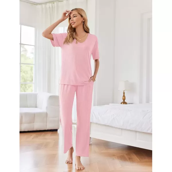 imageEkouaer Womens Ribbed Knit Lounge Set Short Sleeve Top and Long Pants Sleepwear Pajama Set Two Piece Matching Outfits SetPink