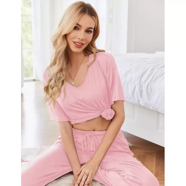 imageEkouaer Womens Ribbed Knit Lounge Set Short Sleeve Top and Long Pants Sleepwear Pajama Set Two Piece Matching Outfits SetPink