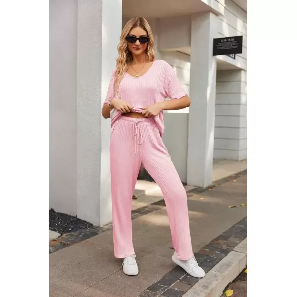 imageEkouaer Womens Ribbed Knit Lounge Set Short Sleeve Top and Long Pants Sleepwear Pajama Set Two Piece Matching Outfits SetPink