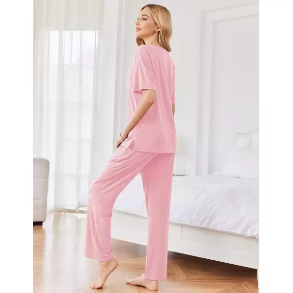 imageEkouaer Womens Ribbed Knit Lounge Set Short Sleeve Top and Long Pants Sleepwear Pajama Set Two Piece Matching Outfits SetPink
