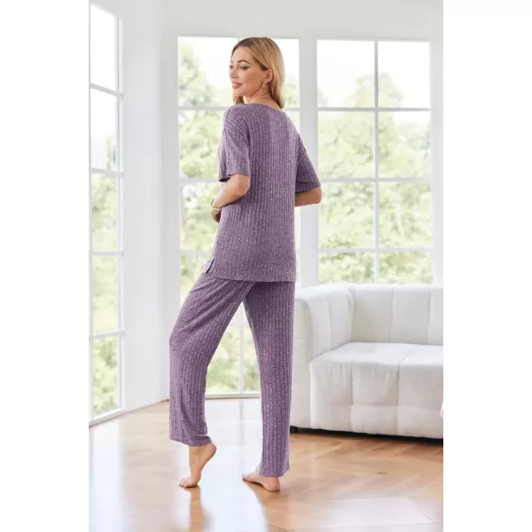 imageEkouaer Womens Ribbed Knit Lounge Set Short Sleeve Top and Long Pants Sleepwear Pajama Set Two Piece Matching Outfits SetPurple