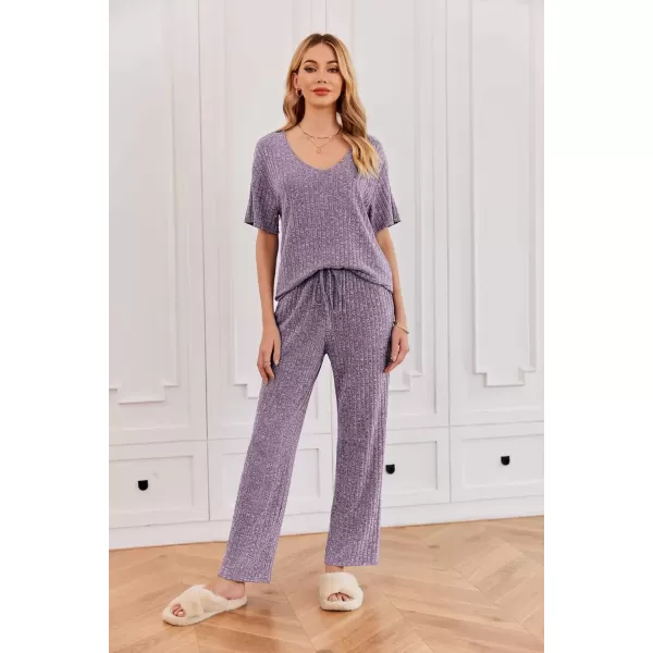 imageEkouaer Womens Ribbed Knit Lounge Set Short Sleeve Top and Long Pants Sleepwear Pajama Set Two Piece Matching Outfits SetPurple