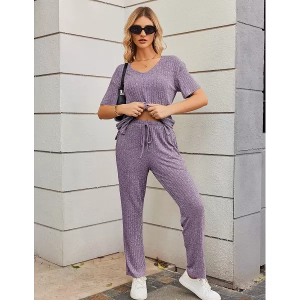 imageEkouaer Womens Ribbed Knit Lounge Set Short Sleeve Top and Long Pants Sleepwear Pajama Set Two Piece Matching Outfits SetPurple