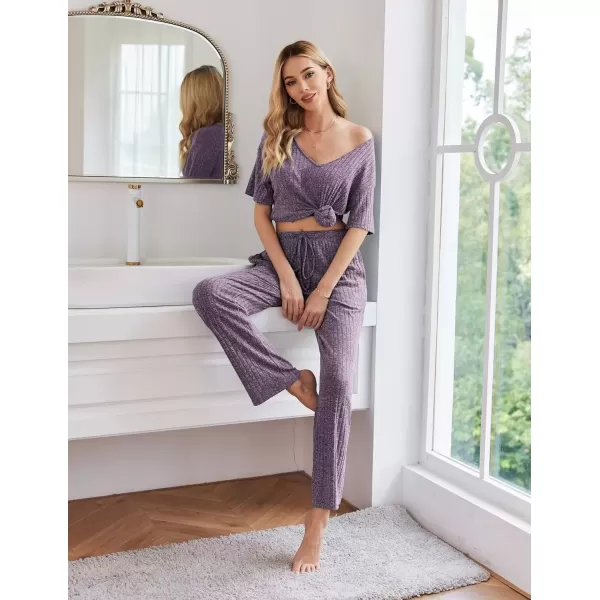imageEkouaer Womens Ribbed Knit Lounge Set Short Sleeve Top and Long Pants Sleepwear Pajama Set Two Piece Matching Outfits SetPurple