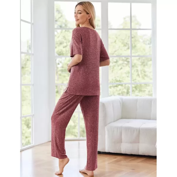imageEkouaer Womens Ribbed Knit Lounge Set Short Sleeve Top and Long Pants Sleepwear Pajama Set Two Piece Matching Outfits SetWine Red