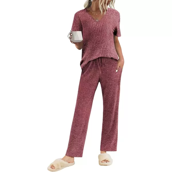 imageEkouaer Womens Ribbed Knit Lounge Set Short Sleeve Top and Long Pants Sleepwear Pajama Set Two Piece Matching Outfits SetWine Red