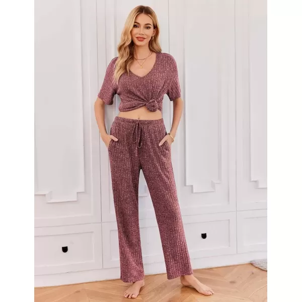imageEkouaer Womens Ribbed Knit Lounge Set Short Sleeve Top and Long Pants Sleepwear Pajama Set Two Piece Matching Outfits SetWine Red
