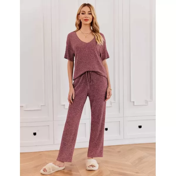 imageEkouaer Womens Ribbed Knit Lounge Set Short Sleeve Top and Long Pants Sleepwear Pajama Set Two Piece Matching Outfits SetWine Red