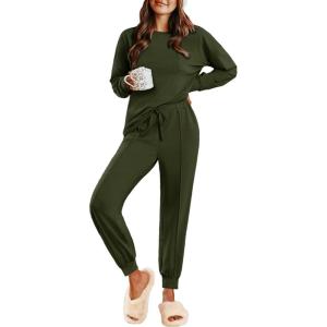 imageEkouaer Lounge Sets for Women 2 Piece Jogger Pajama Long Sleeve Pants Loungewear Sweatsuits Casual Matching OutfitsArmy Green