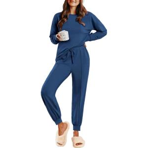 imageEkouaer Lounge Sets for Women 2 Piece Jogger Pajama Long Sleeve Pants Loungewear Sweatsuits Casual Matching OutfitsBlue