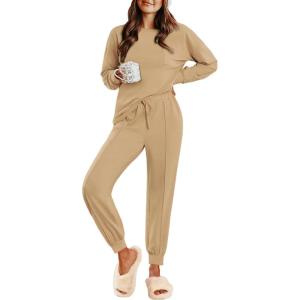 imageEkouaer Lounge Sets for Women 2 Piece Jogger Pajama Long Sleeve Pants Loungewear Sweatsuits Casual Matching OutfitsKhaki