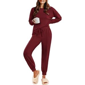 imageEkouaer Lounge Sets for Women 2 Piece Jogger Pajama Long Sleeve Pants Loungewear Sweatsuits Casual Matching OutfitsWine Red