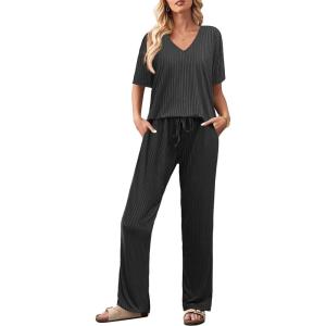 imageEkouaer Lounge Sets for Women Short Sleeve Top and Long Pants Ribbed Knit Pajama Set 2 Piece PJ Sets OutfitsBlack