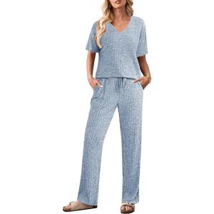 imageEkouaer Lounge Sets for Women Short Sleeve Top and Long Pants Ribbed Knit Pajama Set 2 Piece PJ Sets OutfitsBlue