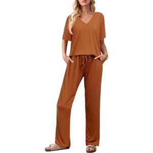 imageEkouaer Lounge Sets for Women Short Sleeve Top and Long Pants Ribbed Knit Pajama Set 2 Piece PJ Sets OutfitsBrick Red