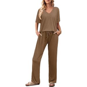 imageEkouaer Lounge Sets for Women Short Sleeve Top and Long Pants Ribbed Knit Pajama Set 2 Piece PJ Sets OutfitsBrown