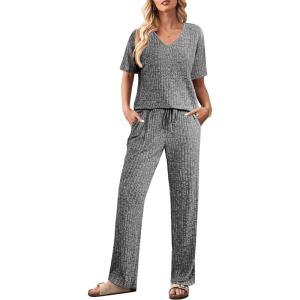 imageEkouaer Lounge Sets for Women Short Sleeve Top and Long Pants Ribbed Knit Pajama Set 2 Piece PJ Sets OutfitsGrey