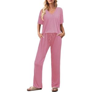 imageEkouaer Lounge Sets for Women Short Sleeve Top and Long Pants Ribbed Knit Pajama Set 2 Piece PJ Sets OutfitsHot Pink