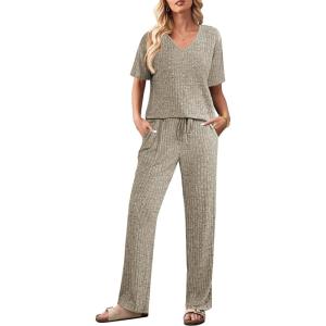 imageEkouaer Lounge Sets for Women Short Sleeve Top and Long Pants Ribbed Knit Pajama Set 2 Piece PJ Sets OutfitsKhaki