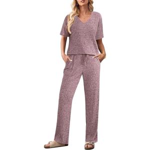 imageEkouaer Lounge Sets for Women Short Sleeve Top and Long Pants Ribbed Knit Pajama Set 2 Piece PJ Sets OutfitsLilac