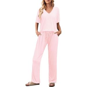 imageEkouaer Lounge Sets for Women Short Sleeve Top and Long Pants Ribbed Knit Pajama Set 2 Piece PJ Sets OutfitsPink