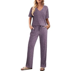 imageEkouaer Lounge Sets for Women Short Sleeve Top and Long Pants Ribbed Knit Pajama Set 2 Piece PJ Sets OutfitsPurple