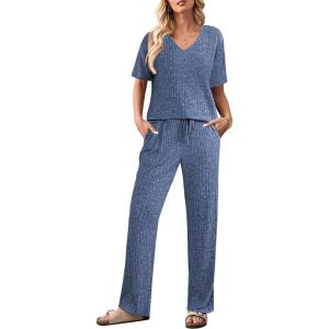 imageEkouaer Lounge Sets for Women Short Sleeve Top and Long Pants Ribbed Knit Pajama Set 2 Piece PJ Sets OutfitsRoyal Blue