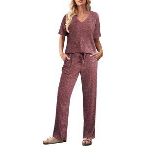 imageEkouaer Lounge Sets for Women Short Sleeve Top and Long Pants Ribbed Knit Pajama Set 2 Piece PJ Sets OutfitsWine Red