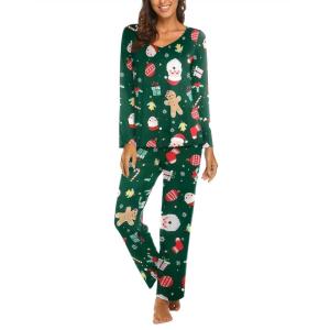 imageEkouaer Womens Pajama Set Long Sleeve Pj Sets Two Piece Loungewear Soft Pajama Top and Pants Pjs SleepwearChristmas Snowman Green