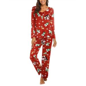 imageEkouaer Womens Pajama Set Long Sleeve Pj Sets Two Piece Loungewear Soft Pajama Top and Pants Pjs SleepwearChristmas Snowman Red