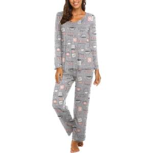 imageEkouaer Womens Pajama Set Long Sleeve Pj Sets Two Piece Loungewear Soft Pajama Top and Pants Pjs SleepwearGray Coffee Cups