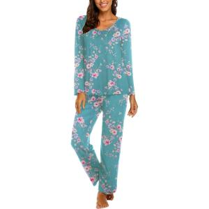 imageEkouaer Womens Pajama Set Long Sleeve Pj Sets Two Piece Loungewear Soft Pajama Top and Pants Pjs SleepwearGreen Blue Flowers