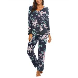 imageEkouaer Womens Pajama Set Long Sleeve Pj Sets Two Piece Loungewear Soft Pajama Top and Pants Pjs SleepwearLarge Flower Cluster