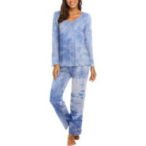 imageEkouaer Womens Pajama Set Long Sleeve Pj Sets Two Piece Loungewear Soft Pajama Top and Pants Pjs SleepwearLight Blue Tie Dye