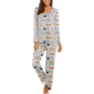 imageEkouaer Womens Pajama Set Long Sleeve Pj Sets Two Piece Loungewear Soft Pajama Top and Pants Pjs SleepwearLight Graypuppy