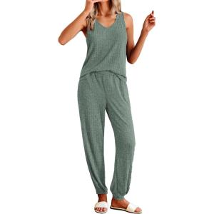 imageEkouaer Womens Pajamas Sleeveless Summer Lounge Set Ribbed Knit Pj Loungewear Soft Tank Sleepwear Nightwear SXXLArmy Green