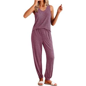 imageEkouaer Womens Pajamas Sleeveless Summer Lounge Set Ribbed Knit Pj Loungewear Soft Tank Sleepwear Nightwear SXXLMaroon