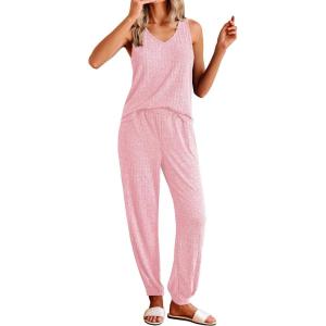 imageEkouaer Womens Pajamas Sleeveless Summer Lounge Set Ribbed Knit Pj Loungewear Soft Tank Sleepwear Nightwear SXXLPink