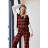 imageEkouaer Waffle Knit Pajamas Set for Women 2 Piece Outfits Long Sleeve Button Top and Wide Leg Pant with Pockets LoungewearBlack and Red Plaid