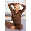 imageEkouaer Waffle Knit Pajamas Set for Women 2 Piece Outfits Long Sleeve Button Top and Wide Leg Pant with Pockets LoungewearBrown