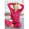 imageEkouaer Waffle Knit Pajamas Set for Women 2 Piece Outfits Long Sleeve Button Top and Wide Leg Pant with Pockets LoungewearHot Pink