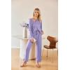 imageEkouaer Waffle Knit Pajamas Set for Women 2 Piece Outfits Long Sleeve Button Top and Wide Leg Pant with Pockets LoungewearLilac