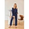 imageEkouaer Waffle Knit Pajamas Set for Women 2 Piece Outfits Long Sleeve Button Top and Wide Leg Pant with Pockets LoungewearNavy Blue