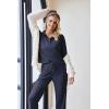 imageEkouaer Waffle Knit Pajamas Set for Women 2 Piece Outfits Long Sleeve Button Top and Wide Leg Pant with Pockets LoungewearNavy Blue