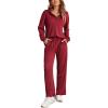 imageEkouaer Waffle Knit Pajamas Set for Women 2 Piece Outfits Long Sleeve Button Top and Wide Leg Pant with Pockets LoungewearWine Red