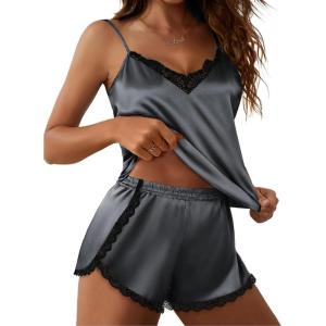 imageEkouaer Pajama Sets For Women 2 Piece Silk Lingerie Sleepwear Satin Cami Pj Shorts Set Soft NightwearDeep Grey