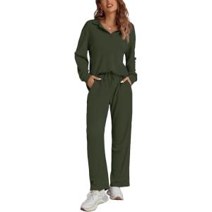 imageEkouaer Waffle Knit Pajamas Set for Women 2 Piece Outfits Long Sleeve Button Top and Wide Leg Pant with Pockets LoungewearArmy Green