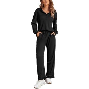 imageEkouaer Waffle Knit Pajamas Set for Women 2 Piece Outfits Long Sleeve Button Top and Wide Leg Pant with Pockets LoungewearBlack